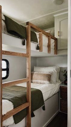 bunk beds in a small room with white walls