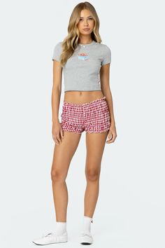 Gingham Shorts Outfit, Mini Shorts Outfit, Autumn Closet, Bubble Shorts, Scrunch Shorts, Festival Fits, Slim Fit Cargo Pants, Strawberry Shirt, Gingham Shorts