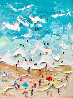 a painting of people on the beach with umbrellas