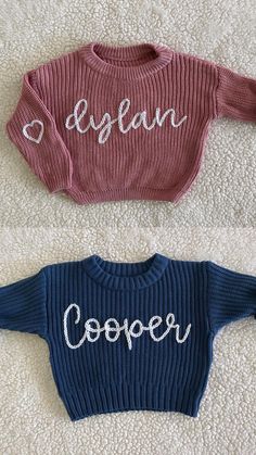 Customizable baby name knit sweater - hand embroidered and made to order! Perfect item for baby name announcements, baby birthday presents / milestones, holiday gifts, grow-with-me sweaters, and more!  Please enter customization details in the personalization section. If you have specific color requests (for sweaters or yarn), please send me a message. I can usually acquire the materials needed for special requests.  Each sweater is one-of-a-kind hand embroidered with love. Typical turn around time is 2 weeks, but please send me a message if you need a quicker delivery.  Return policy: Since each item is hand made to order, I am unable to accept exchanges/returns.  Care: Please wash in cold water, inside out and use a delicate bag if possible. To get the longest life span out of your sweat Personalised Jumpers, Name Sweater, Crochet Letters, Baby Name Announcement, Handmade Sweater, Baby And Toddler, Baby Name, Baby Sweaters, Baby Birthday