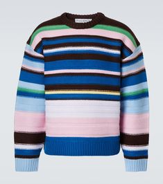 Find JW ANDERSON Striped Wool Sweater on Editorialist. Material: 100% wool (merino wool). Care instructions: dry clean. Made in China. Designer color name: Blue/Multi. Contains non-textile parts of animal origin. Iconic Celebrity Looks, Trending Fashion Ideas, Sweater Ideas, Tan Body, Skin Care Mask, Jw Anderson, Bold Stripes, Crew Neck Jumper, Cleanser And Toner