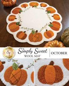 an image of a table with pumpkins on it and the words simply sweet wool mat