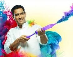 a man holding a purple toothbrush in his right hand and colored powder on the other