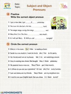 the worksheet for subject and object pronouns with pictures on it