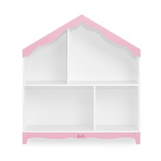 a pink and white shelf with shelves on it's sides, in the shape of a house