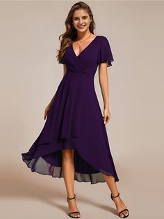 Ruffles Sleeve Pleated V-Neck A-Line Midi Chiffon Wedding Guest Dress #color_Dark Purple Elegant Dresses Cocktail, Dresses Elegant Short, Cocktail Dress Purple, Formal Occasion Dress, A Line Evening Dress, Dresses Formal Elegant, Target Clothes, Chiffon Evening Dresses, Affordable Dresses