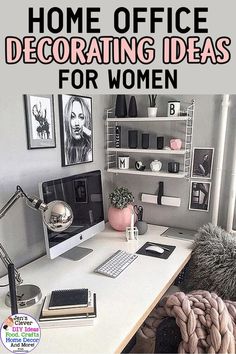 a white desk topped with a computer monitor next to a book shelf filled with books