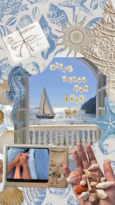 a hand holding a small camera in front of an open window with shells and sea creatures surrounding it