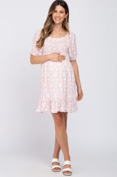 A solid floral print short maternity dress with a smocked bodice and ruffle hem. Skirt is double lined. The Pink Floral Smocked Maternity Dress is perfectly bump-friendly! Short Maternity Dress, Maternity Bodycon Dress, Chiffon Maternity Dress, Pink Blush Maternity Dress, Floral Block Print, Ruffle Hem Skirt, Maternity Nursing Dress, Maternity Midi Dress, Casual Maternity