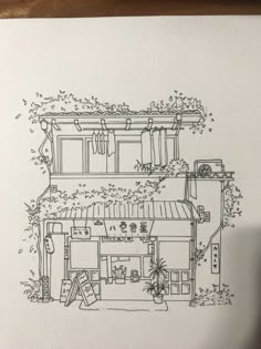 a drawing of a house with trees on the roof