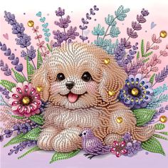 a painting of a dog surrounded by flowers