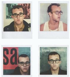 four polaroid pictures of men with glasses