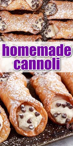 homemade cannoli with chocolate chips and powdered sugar