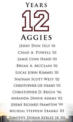 an advertisement for twelve year's 12 aggies, with the names and dates