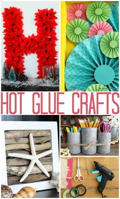 the words hot glue crafts are displayed in red, green and blue