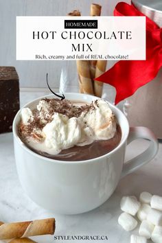 hot chocolate mix in a white cup with marshmallows