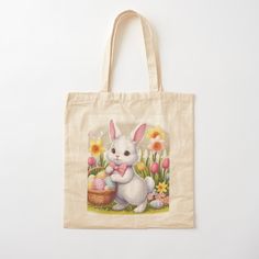 Get my art printed on awesome products. Support me at Redbubble #RBandME: https://www.redbubble.com/i/tote-bag/White-bunny-with-a-basket-of-Easter-eggs-by-DelicateArt/158550060.P1QBH?asc=u Easter Tote Bags, Easter Totes, Flowers Tote, Basket Tote, White Tote Bag