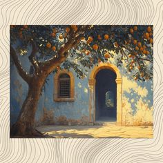 an orange tree in front of a blue building with arched doorways and arches painted on the wall