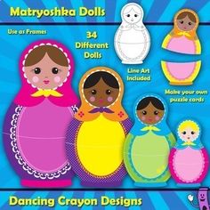 Clip art:  Matryoshka dolls, sometimes called Babushka dolls or Russian nesting dolls are a much-loved children's toy.  This fun set is colorful, fun and practical.  With options for using as puzzle cards or match-up game clip art.Great Value: 30 different colored Matryoshka dolls plus 4 black and whiteThese friendly Babushka dolls have been designed especially for teachers to create their own games and teaching resources. (For classroom use and TpT products.)  Very versatile for different proje Puzzle Cards, Make Your Own Puzzle, Babushka Dolls, Color Puzzle, Russian Nesting Dolls, Matryoshka Doll, Puzzle Set, Puzzle Art, Nesting Dolls