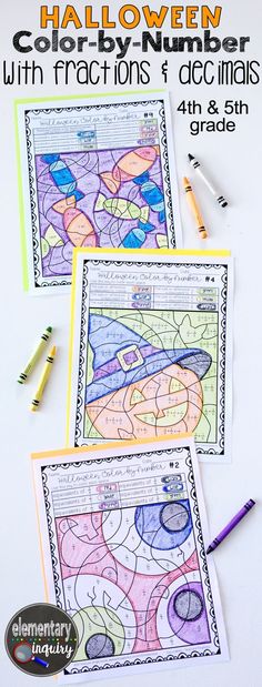 halloween color by number worksheets with fraction numbers