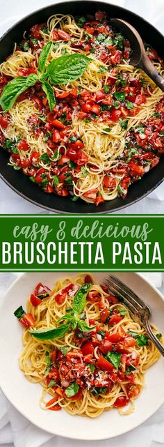 two plates of pasta with tomatoes and basil on top, one is in a skillet