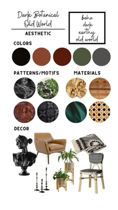 a poster with different types of furniture and decor in black, white, gold and green