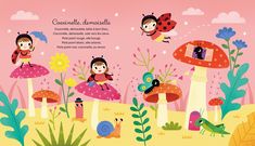 children's book illustration with ladybugs and mushrooms