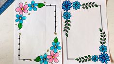 two sheets of paper with blue and pink flowers on them