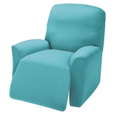 a blue recliner chair sitting on top of a white floor