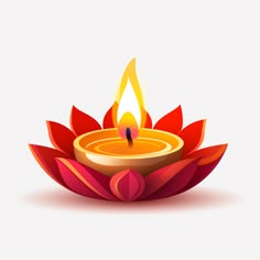 a lit candle sitting on top of a flower shaped bowl with leaves and petals around it