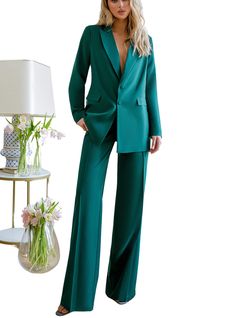 2-piece womens blazer trouser suit for office, business meetings, formal events and special occasions DETAILS -  straight long pants -  high rise -  blazer is buttoned -  blazer is characterized by uneven bottom: back is longer than the front part -  lined DETAILS Blazer length 30 1/3 inches or 77 cm Sleeve length is 24,6 inches or 62,5 cm Pants length 47,2 in or 120 cm Inseam 34,6 inches or 88 cm MATERIAL Premium quality suiting fabric, which consists of viscose mostly and a bit of polyester an Elegant Blazer For Business Meetings, Elegant Green Dress Pants For Workwear, Chic Green Formal Suit, Elegant Tailored Green Dress Pants, Green Formal Sets For Fall, Tailored Pantsuit With Notch Lapel For Business Meetings, Elegant Long Sleeve Pantsuit For Business Meetings, Elegant Green Pantsuit For Semi-formal Occasions, Elegant Green Business Casual Suits