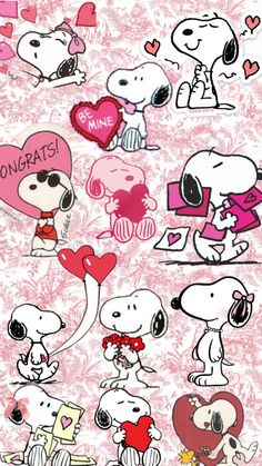 snoopy love stickers on pink paper with hearts and other cartoon characters in the background