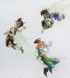 four cartoon characters are flying in the air together, one is wearing a green dress and the other has a white shirt