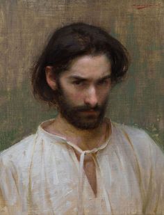 an oil painting of a man with long hair and beard wearing a white dress shirt