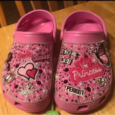 Pink Bling Designed Custom Crocs Pink With Pink, White, Black, Gold And White Pearls And Rhinestones Bling Out Crocs, Junk Crocs, Junk Shoes, Decorated Crocs, Crocs Bedazzled, Girly Crocs, Bedazzle Shoes, Charm Socks, Blinged Out Crocs