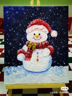 a painting of a snowman with a red hat and scarf