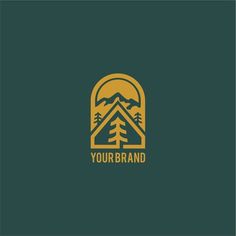 the logo for your brand with trees and mountains in the background, on a dark green background