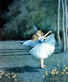 a painting of a ballerina in the woods