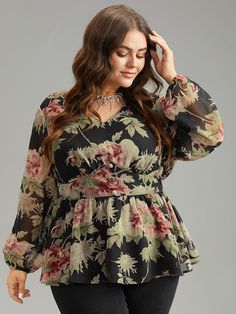 Floral Flutter Hem Elastic Waist Blouse Chiffon Tops Blouses Classy, Tops For Plus Size Women, Two Pieces Outfits, Cotton Tops Designs, Pieces Outfits, Printed Blouses, Embroidery Blouses, Burmese Clothing, Womens Trendy Tops