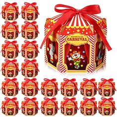 an assortment of candy boxes with red bows