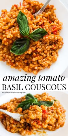 two white plates filled with different types of food and the words amazing tomato basil couscous