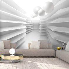 a modern living room with white walls and floor to ceiling lighting, couches and coffee table in front of the wall