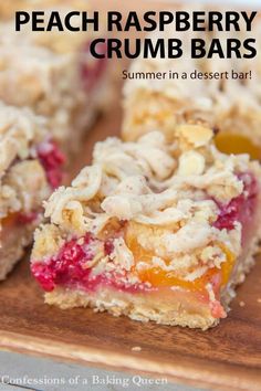 peach raspberry crumb bars on a wooden cutting board with text overlay