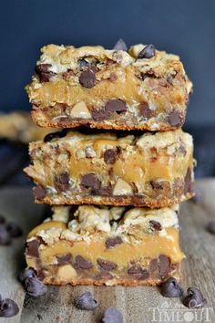 three chocolate chip cookie bars stacked on top of each other