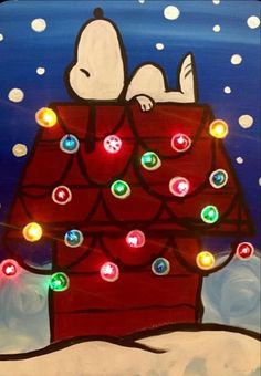 a painting of a snoopy christmas tree with lights on it