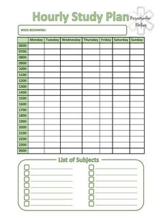 a printable workbook for students with the text,'hour study plan '