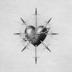 a drawing of an apple in the middle of a heart with arrows and stars around it