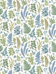 a green and blue floral pattern on white background, with small leaves in the foreground