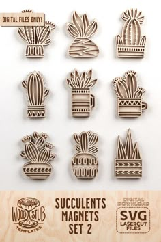 wooden cutouts with different types of plants and flowers on them, including succulents