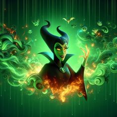 maleficent from the animated movie maleficent is surrounded by green and yellow swirls